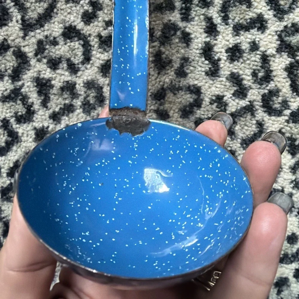 Enamelware Blue Speckled Metal Soup Stew Spoon Pot Ladle Cabin Camping Farmhouse